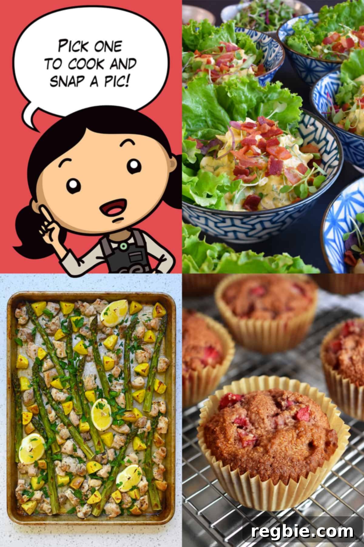 A captivating cartoon image of Michelle Tam, encouraging participants to cook and photograph one of the three delicious dishes: a vibrant bacon deviled egg salad, fluffy strawberry muffins, or savory sheet pan Greek chicken with olives and feta. Each dish is illustrated appetizingly.