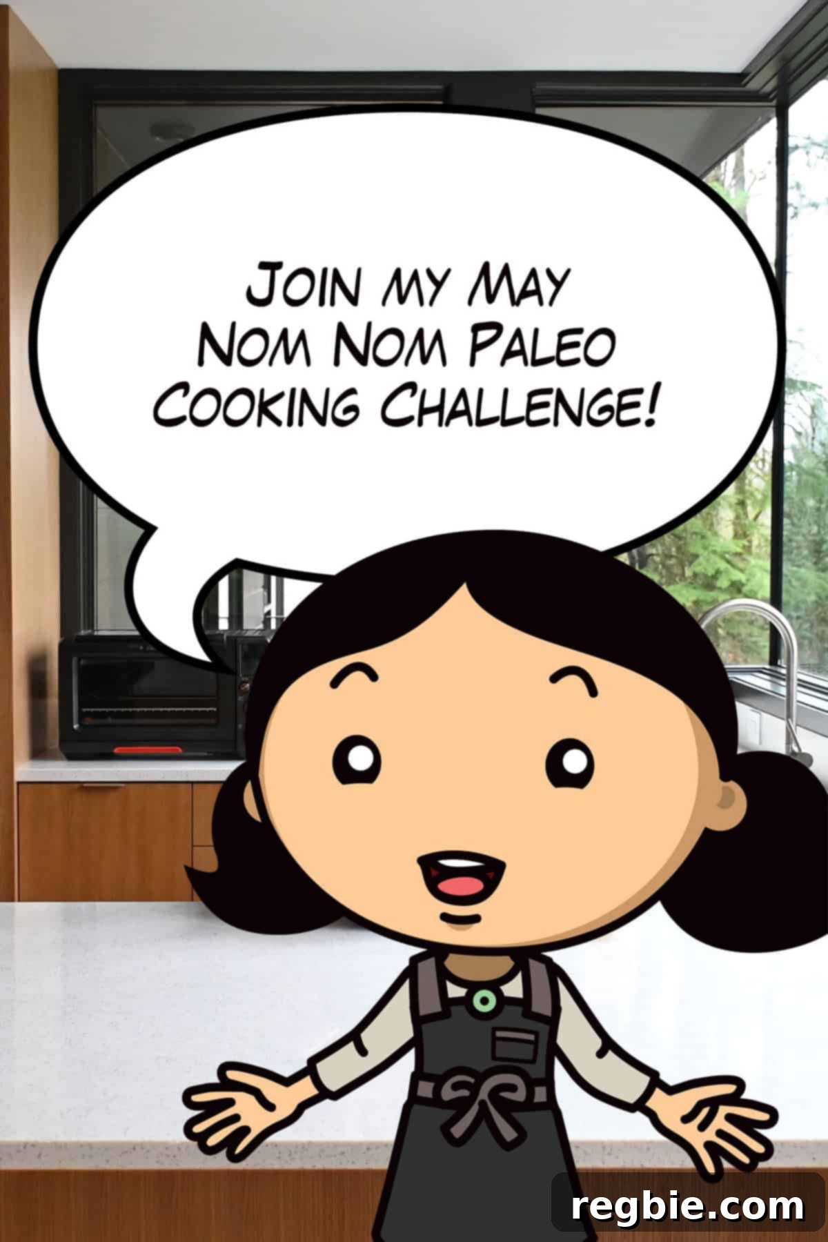 A cartoon Michelle Tam in a vibrant kitchen setting exclaims, "Join my May Nom Nom Paleo Cooking Challenge! Get ready to cook, snap, and win!"