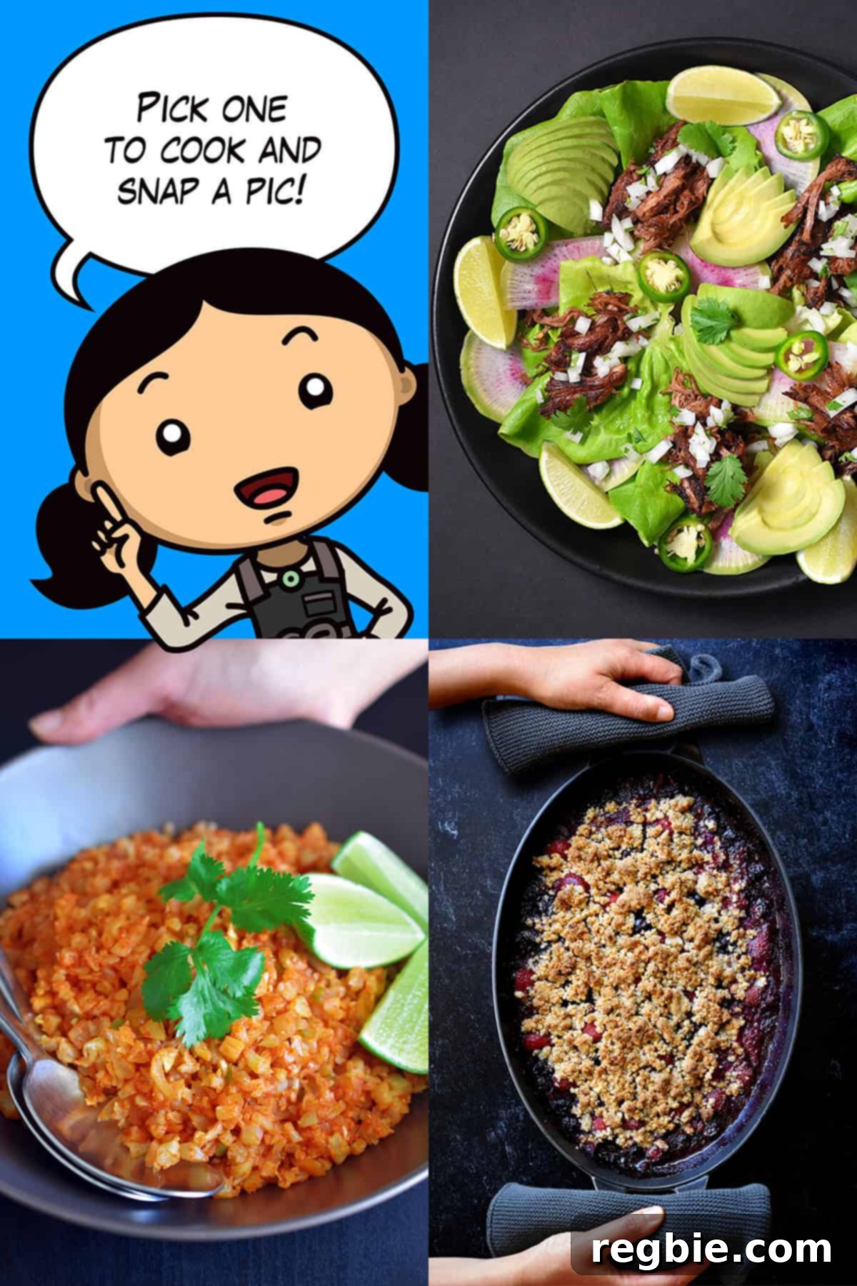 A cartoon Michelle Tam is surrounded by the three delectable dishes for the Nom Nom Paleo May 2024 cooking challenge: succulent Instant Pot Carnitas, vibrant Mexican Cauliflower Rice, and comforting Berry Crisp.