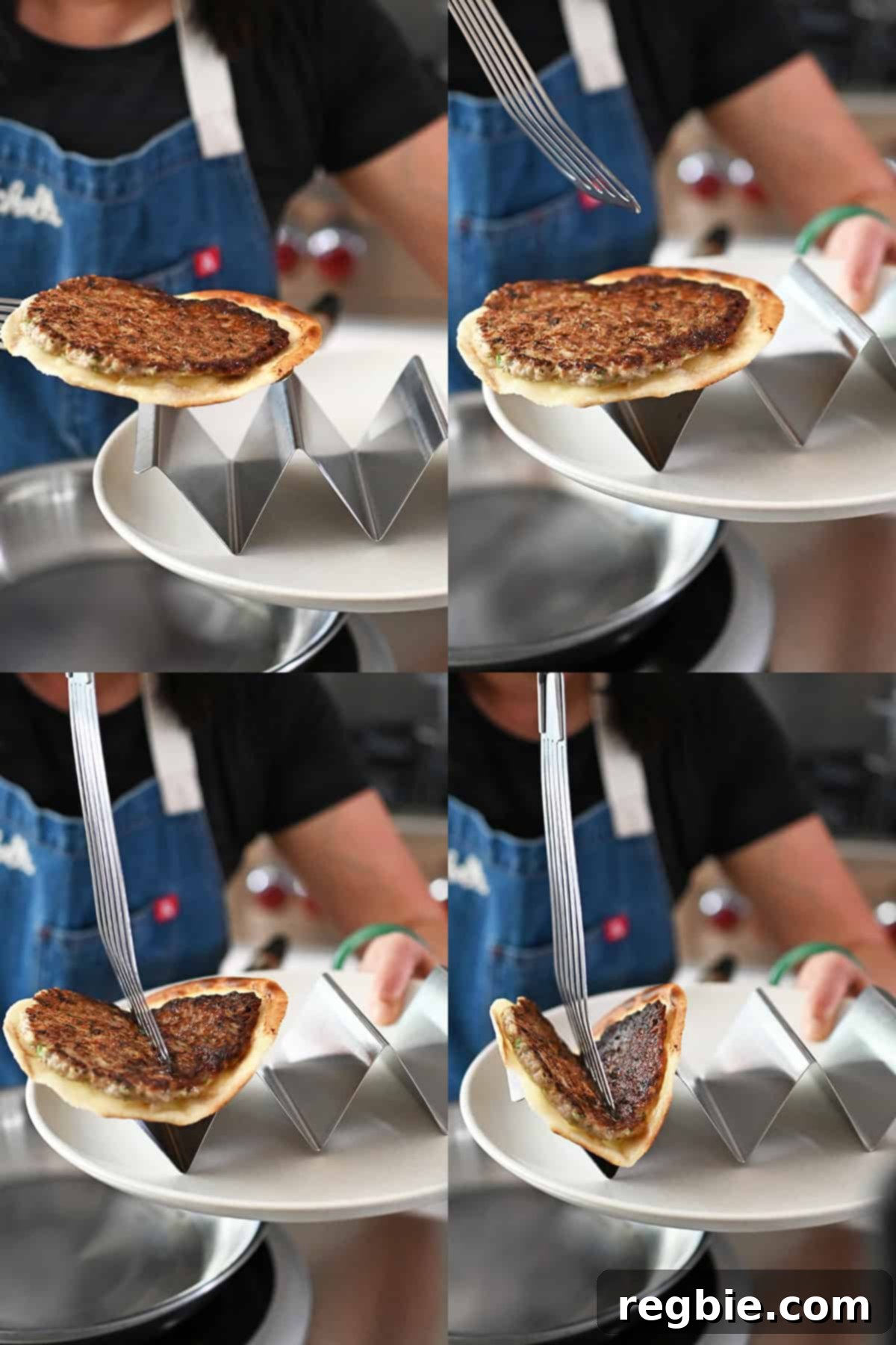 A sequential four-shot visual guide demonstrating the final step: placing a cooked smash dumpling taco into a metal holder and using a fish spatula to gently press and fold it into a classic taco shape.