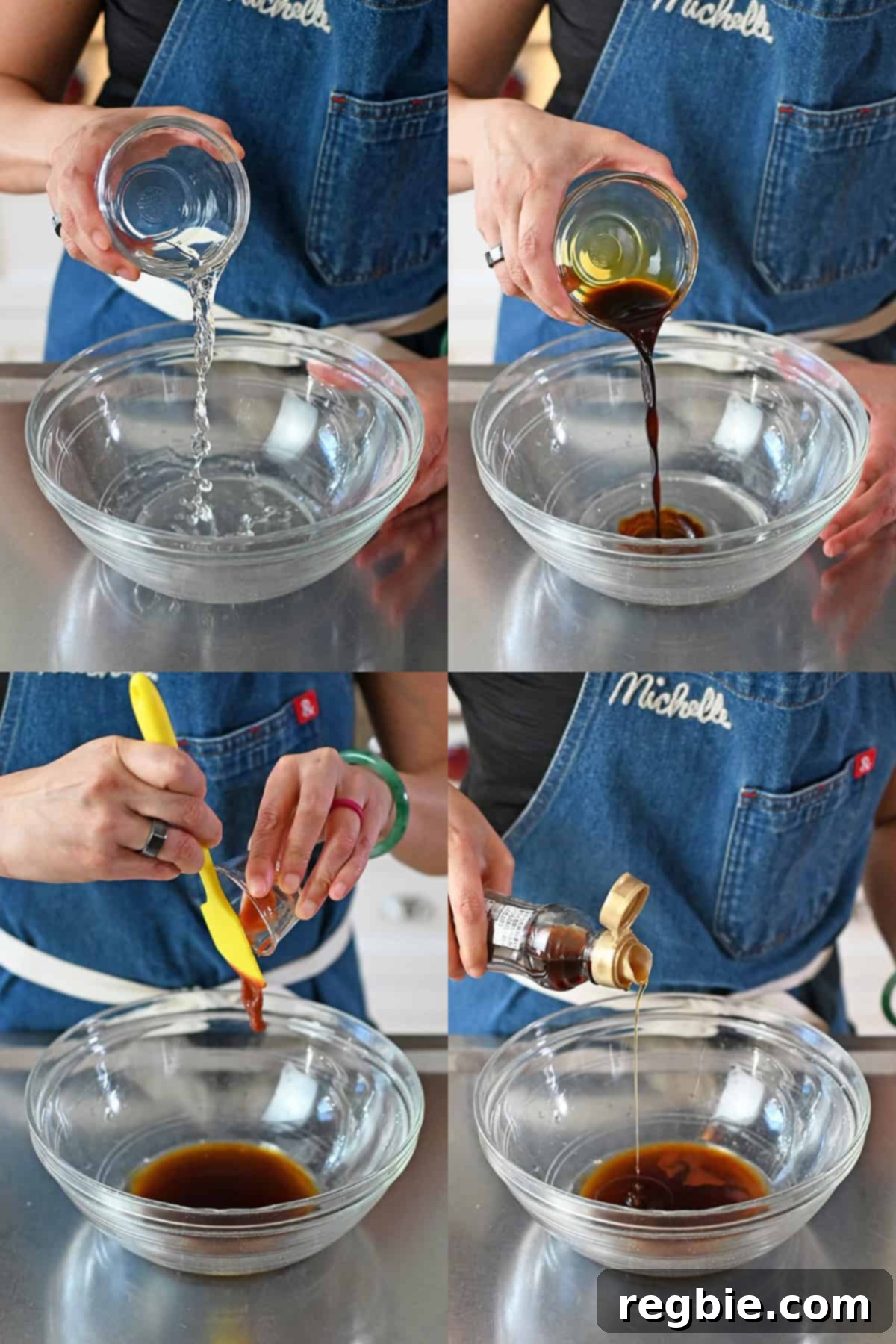 A four-step visual guide demonstrating the preparation of the slaw dressing: adding rice vinegar, coconut aminos, sriracha, and toasted sesame oil into a mixing bowl.