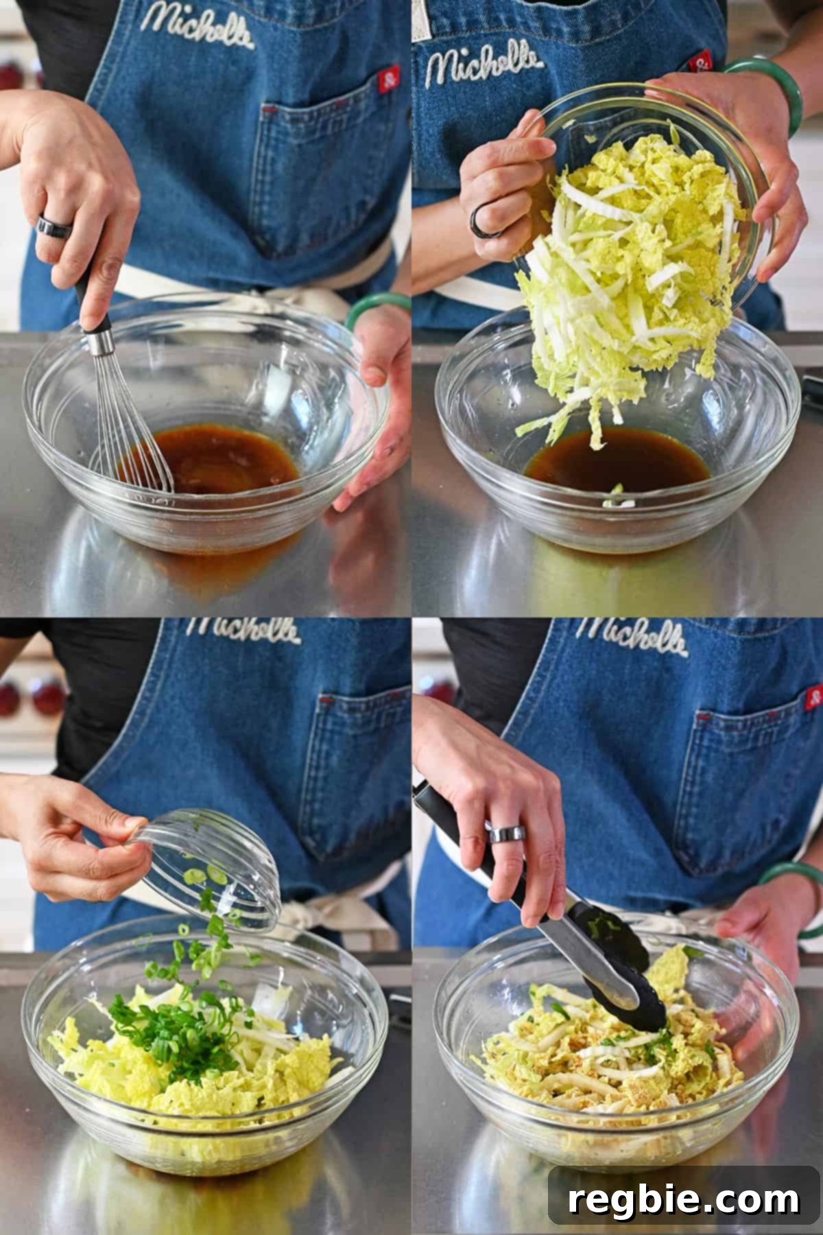 A four-shot sequence illustrating the creation of Napa cabbage slaw: whisking a brown dressing, then stirring in thinly sliced Napa cabbage and green onions until perfectly coated.