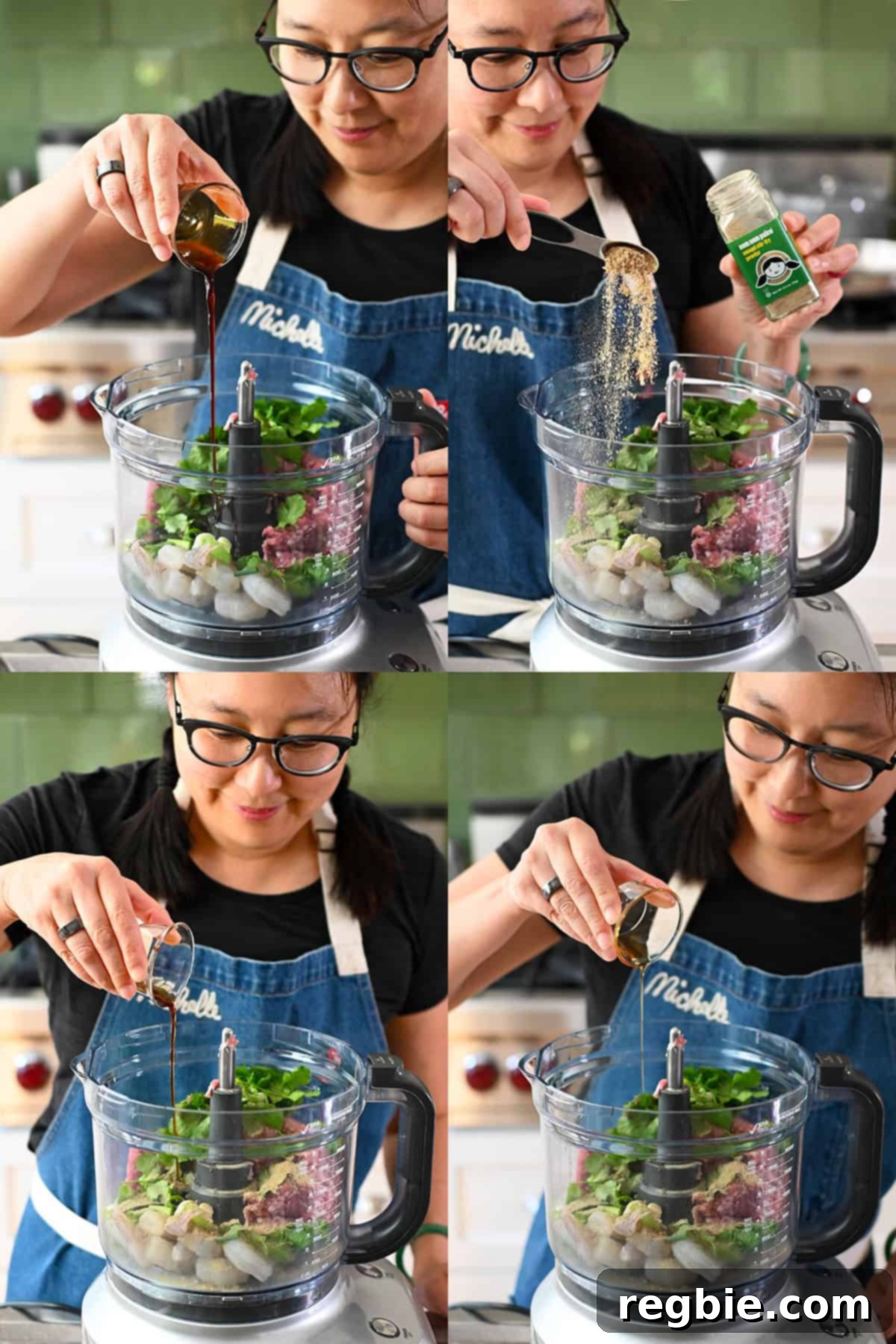 A dynamic four-shot sequence showing the preparation of dumpling filling: a smiling Asian woman adds coconut aminos, Umami Stir Fry Powder, fish sauce, and toasted sesame oil to a food processor containing other filling ingredients.