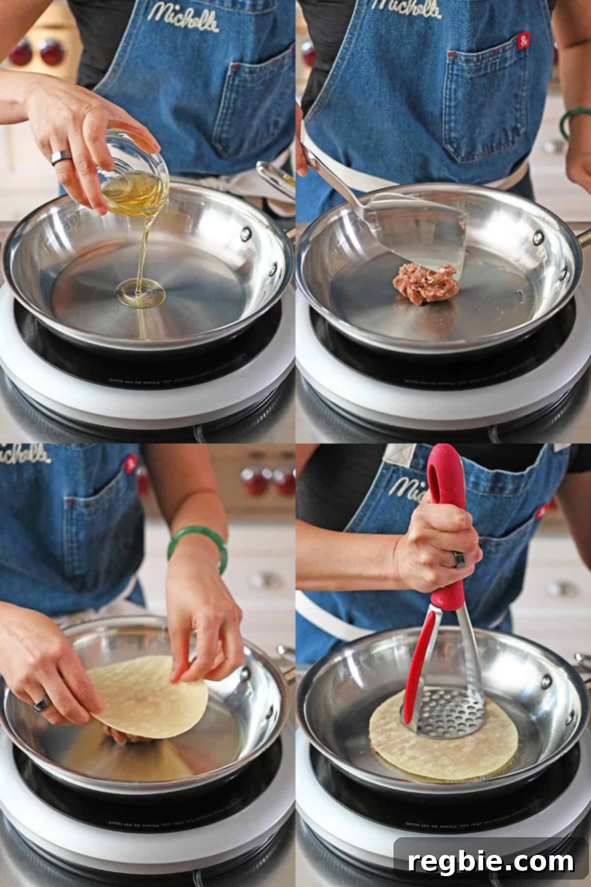 A four-step visual guide demonstrating how to fry smash dumpling tacos: adding oil to a hot pan, placing the dumpling filling, topping with a grain-free tortilla, and finally smashing it thin with a potato masher.