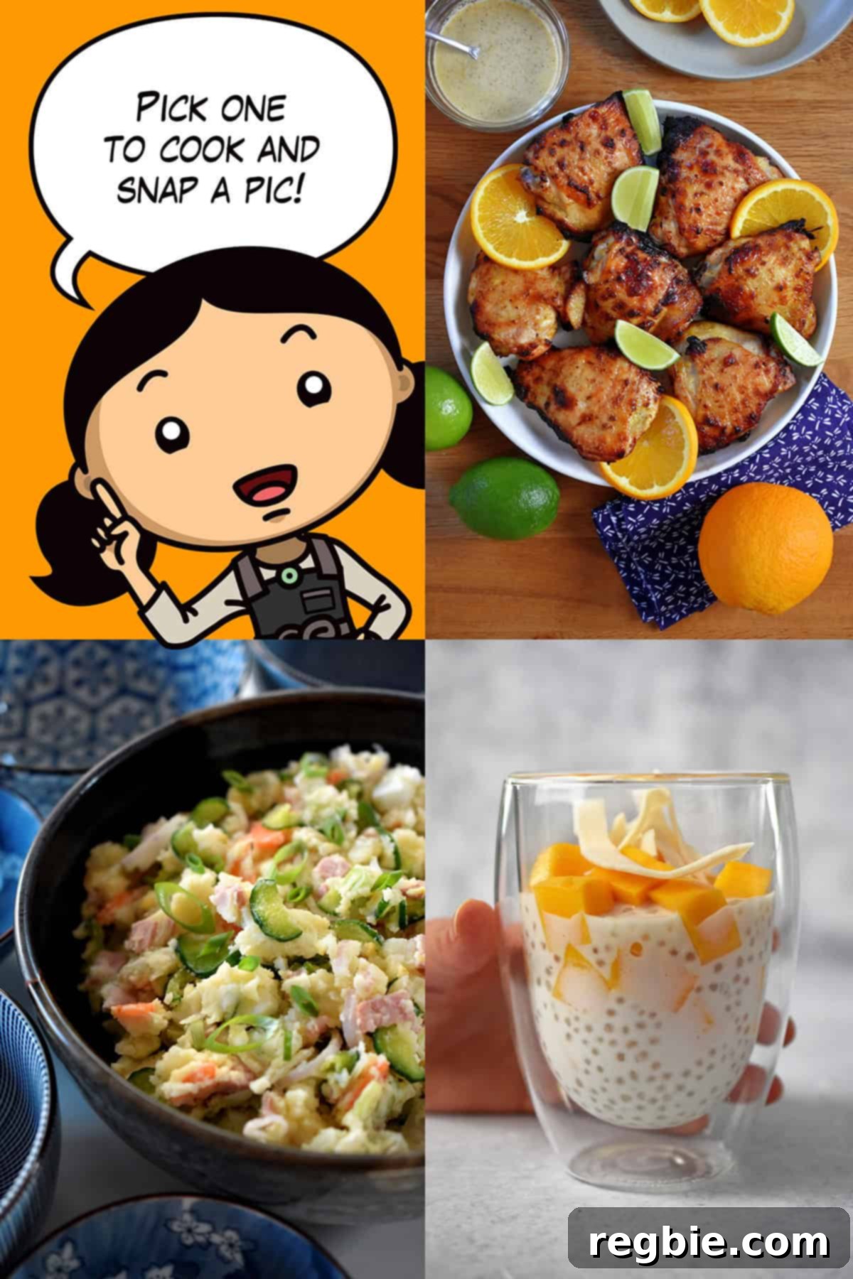 A cartoon Michelle Tam is surrounded by photos of Mojo chicken, Japanese potato salad, and mango sago.