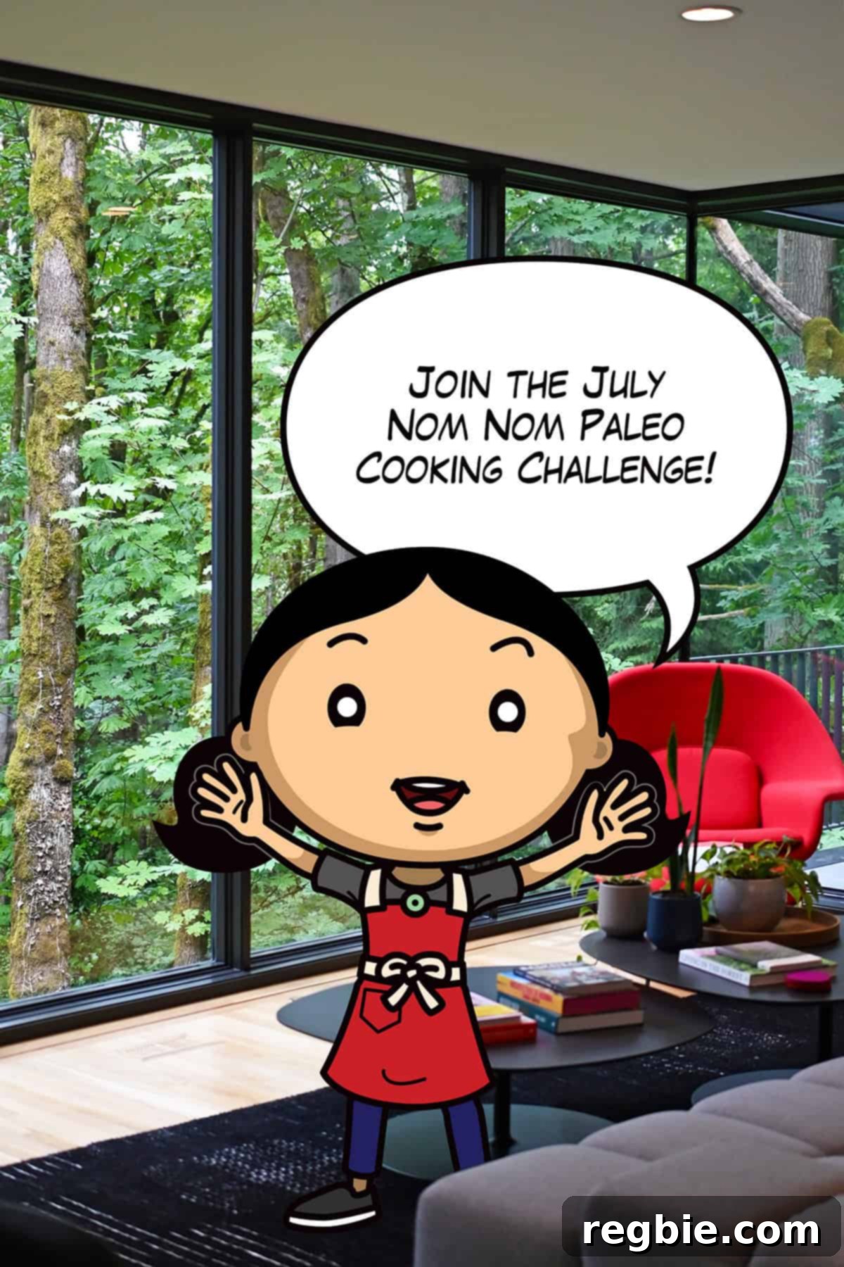Summer Sizzle Cook-Off 2024 2 A cartoon Michelle Tam is announcing the July Nom Nom Paleo cooking challenge in a living room overlooking a lush forest.
