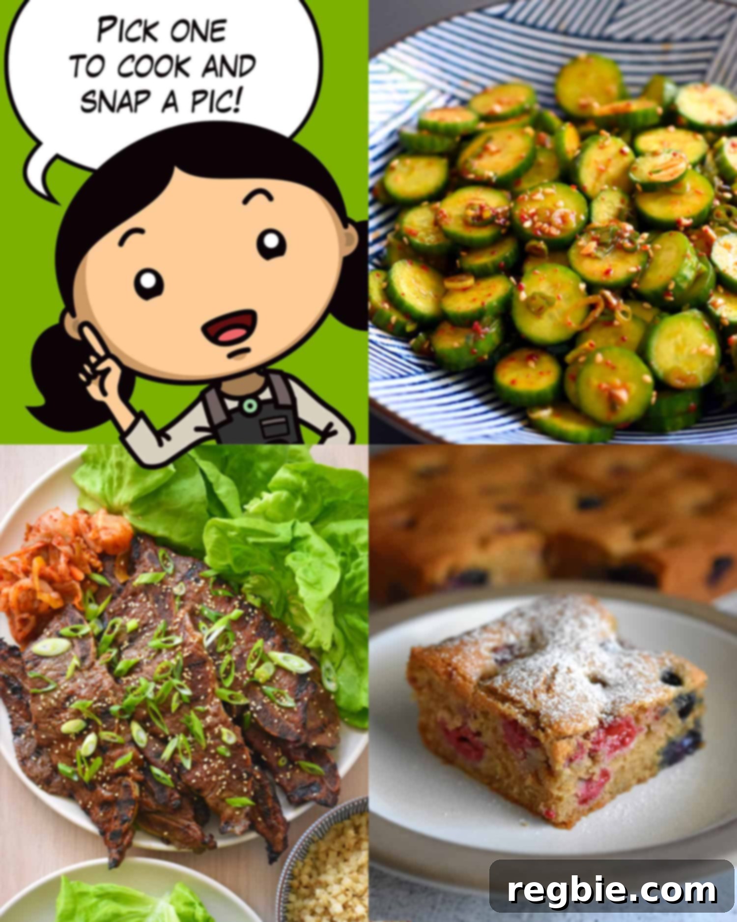 Summer Sizzle Cook-Off 2024 3 A cartoon Michelle Tam is surrounded by pictures of Korean cucumber salad, kalbi, and berry snack cake and telling folks to take a picture of the food.