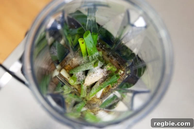 An overhead shot of the Asian Chicken marinade ingredients in an open Vitamix blender.