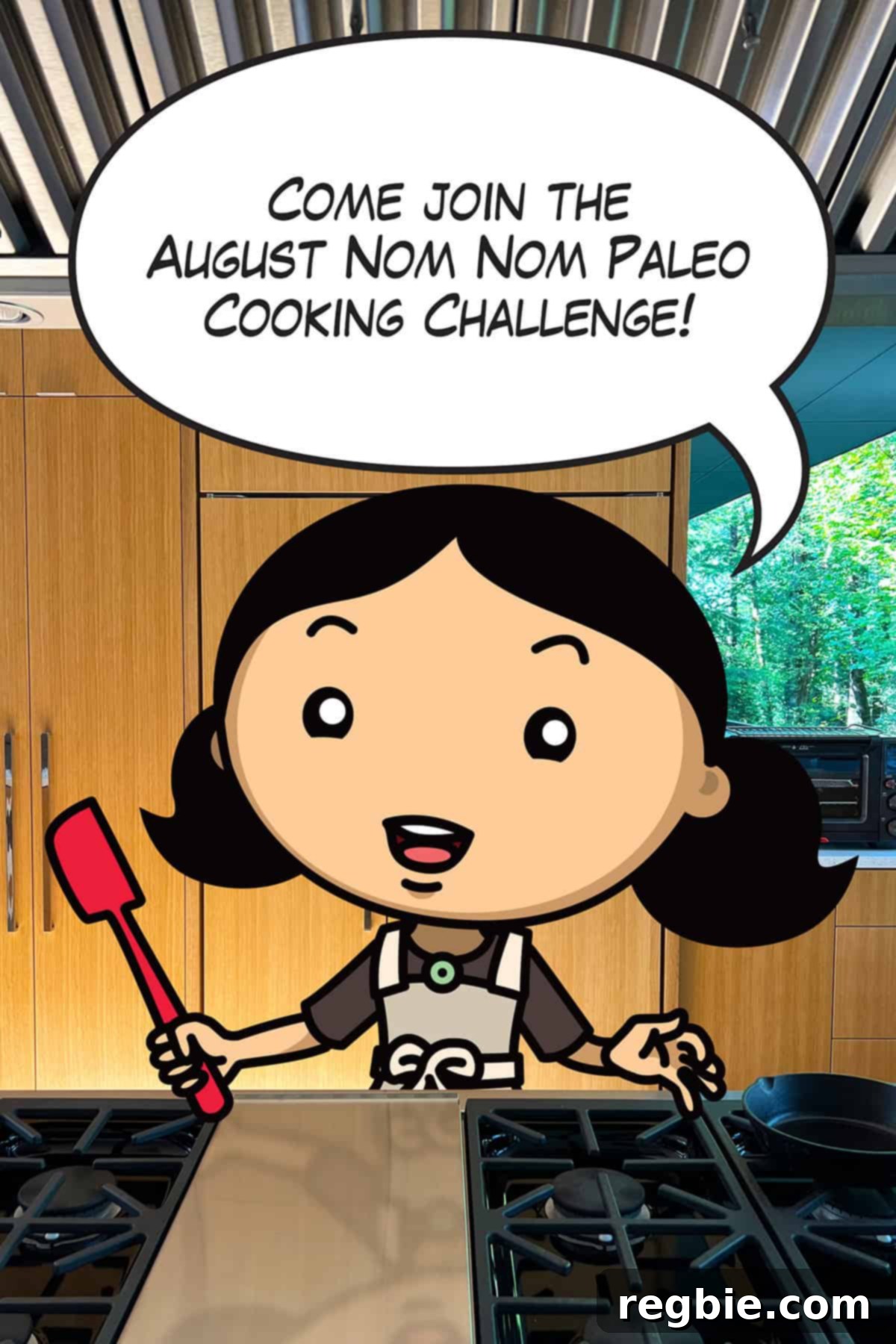 The Great August Cook-Off 2024 2 A cartoon Michelle Tam announces the Nom Nom Paleo Cooking Challenge in a kitchen, holding a red spatula and radiating excitement for healthy cooking.
