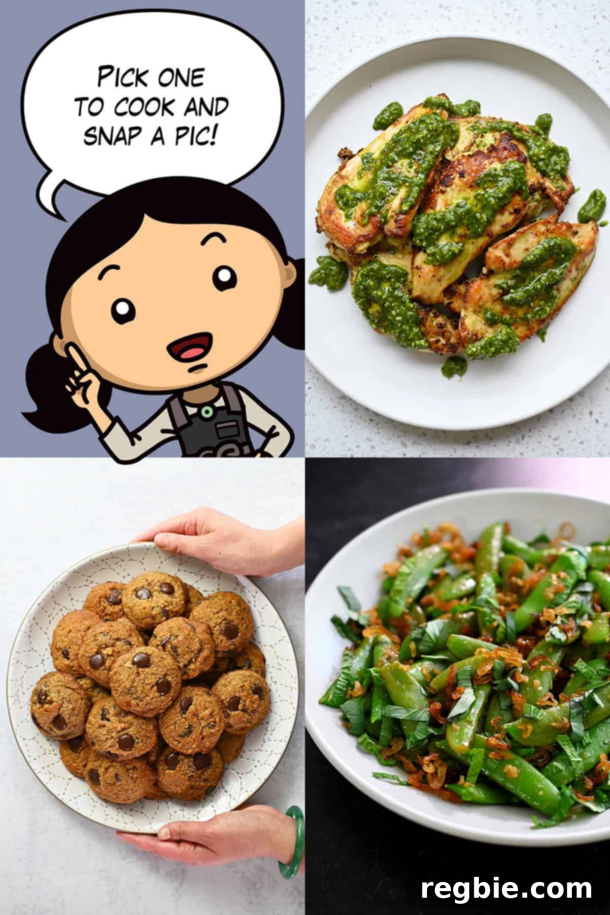 The Great August Cook-Off 2024 3 A cartoon Michelle Tam encourages participants to cook and photograph Pesto Chicken, Quick Sugar Snap Peas, or Banana Chocolate Chip Cookies for the Nom Nom Paleo Cooking Challenge.