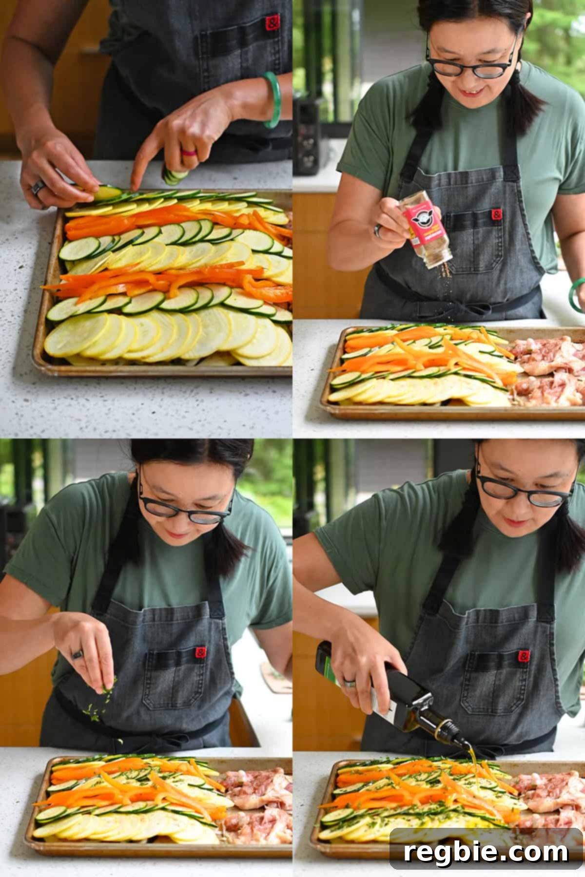 Four shots that show the layering of vegetables on the sheet pan, seasoning with Magic Mushroom Powder, fresh herbs, and a drizzle of extra virgin olive oil.
