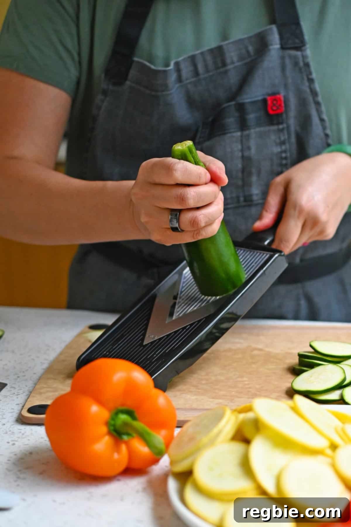 Slicing zucchini into thin slices with a mandolin slicer, along with other vegetables.