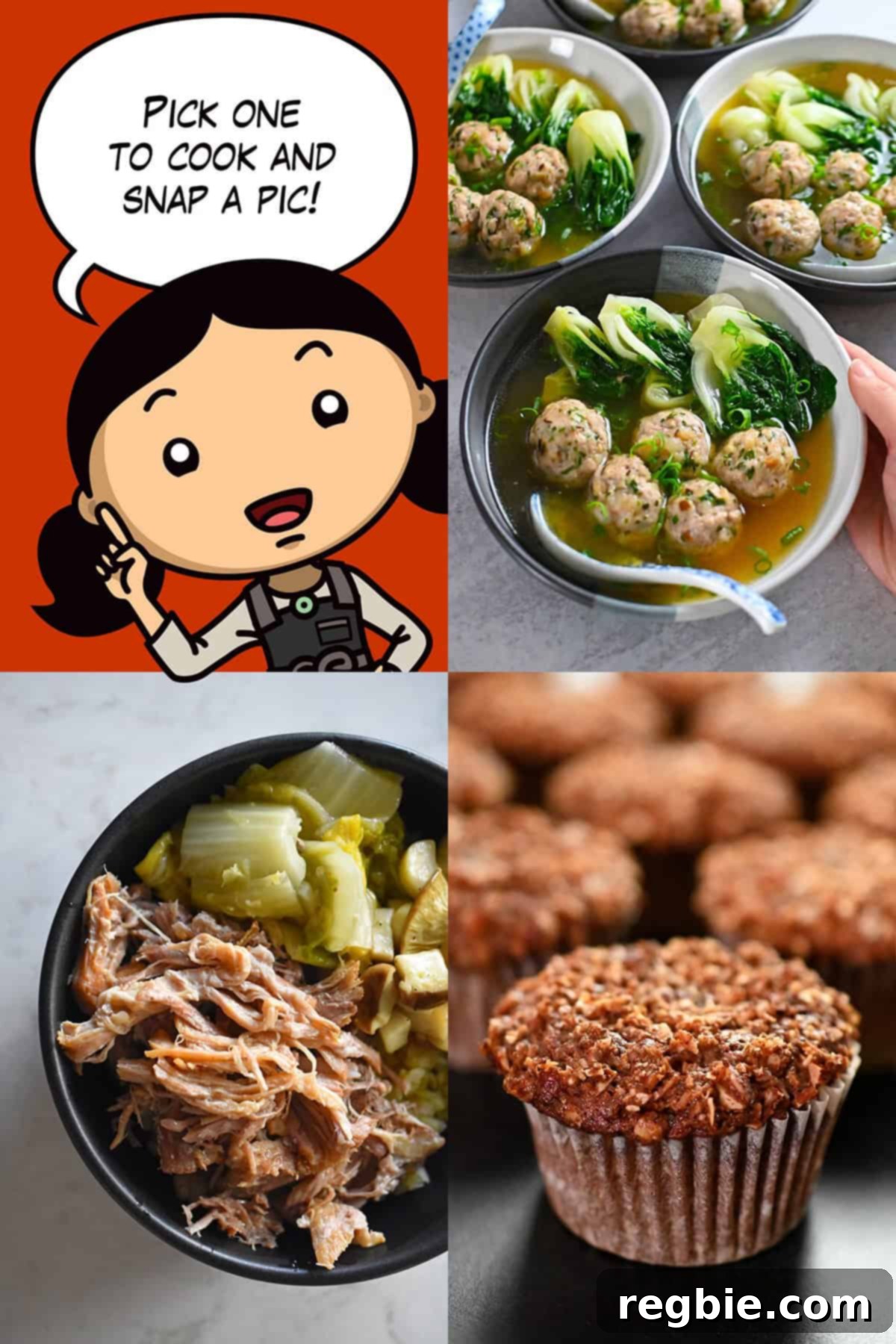 September 2024 Flavor Quest 3 A joyful cartoon Michelle Tam encourages participants to take a picture of their prepared dish. Surrounding her are vibrant illustrations of the challenge's featured recipes: a steaming bowl of wonton soup, perfectly golden apple muffins with streusel, and a succulent plate of kalua pork, all designed to inspire delicious creations.