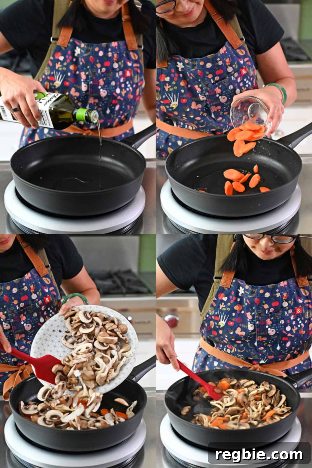 Cantonese Chicken and Mushroom Medley 15 After the cooked chicken slices are removed from the frying pan, avocado oil, carrot slices, and mixed mushrooms are added to the pan and cooked.