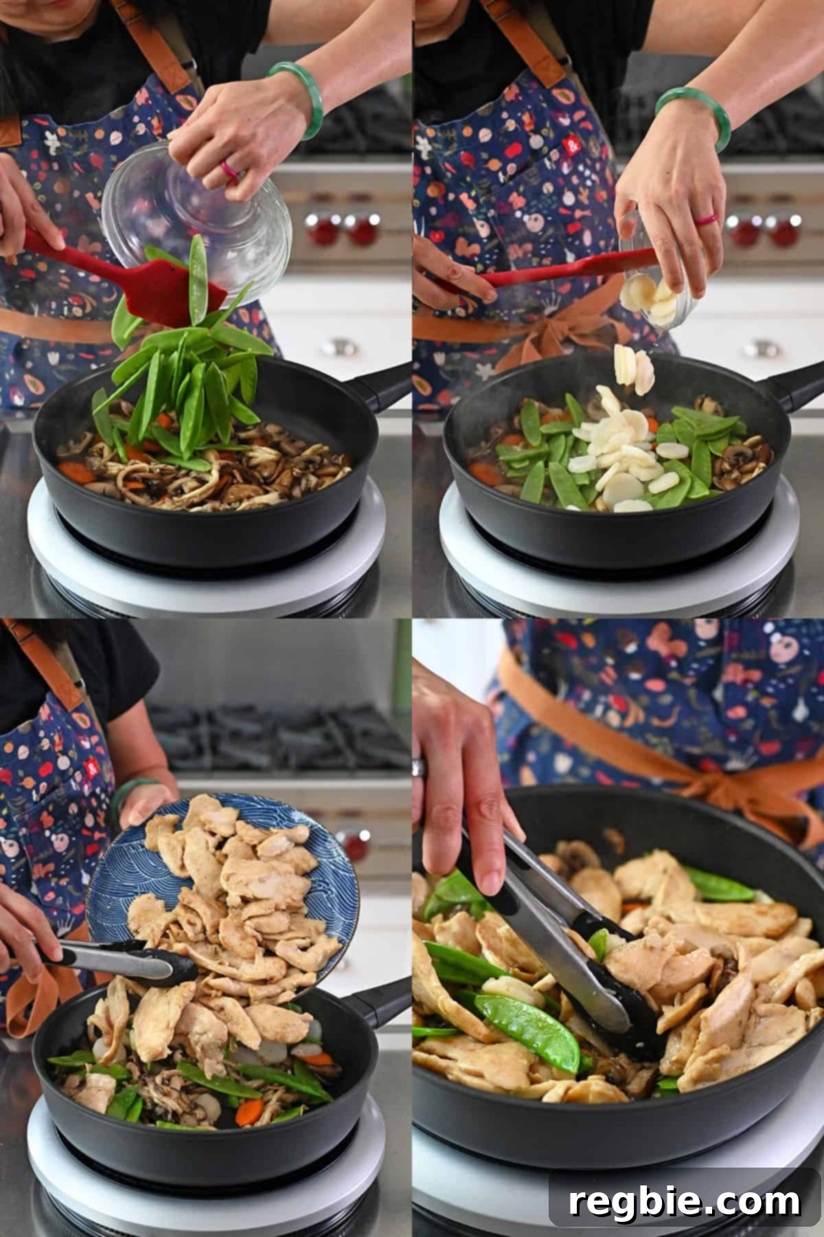 Cantonese Chicken and Mushroom Medley 19 Four sequential shots that show someone adding snow peas, sliced water chestnuts, and cooked sliced chicken breast into a frying pan and tossing everything with a pair of tongs.