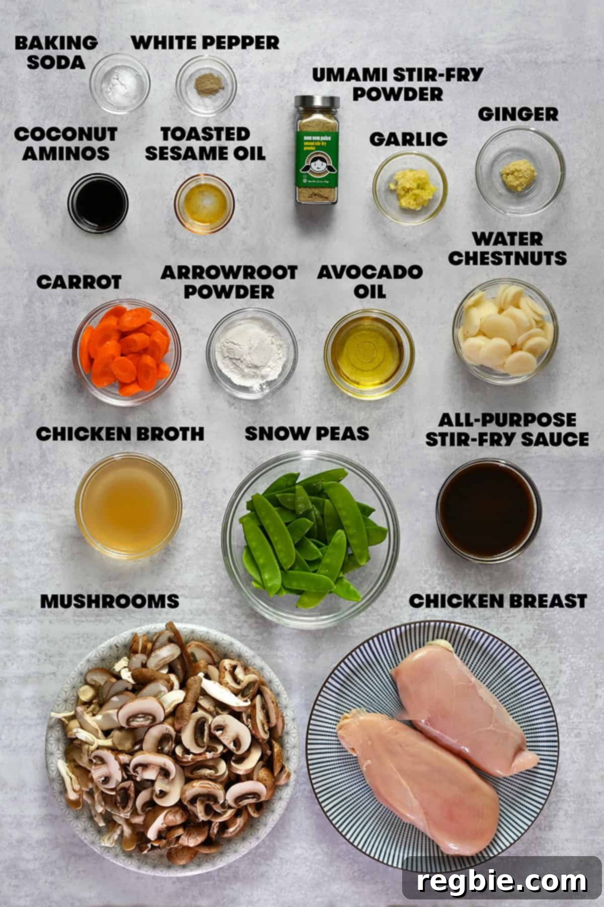 Cantonese Chicken and Mushroom Medley 5 An overhead shot of the raw ingredients to make a gluten free and healthy homemade version of Moo Goo Gai Pan.