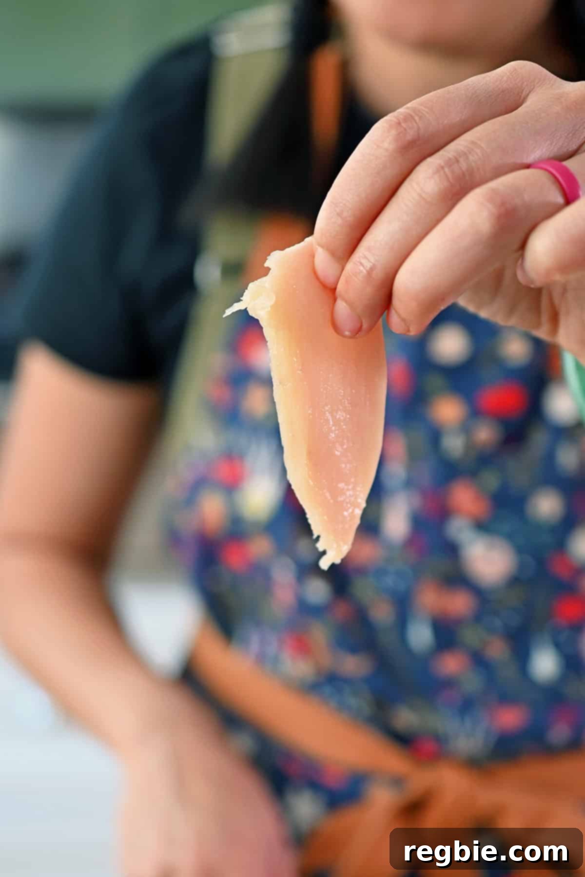 Cantonese Chicken and Mushroom Medley 7 A hand holding up a thin slice of raw chicken breast for moo goo gai pan.