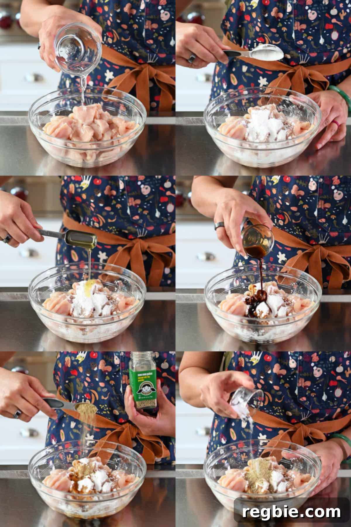 Cantonese Chicken and Mushroom Medley 8 Showing the steps and ingredients to marinate the raw chicken slices for moo goo gai pan.