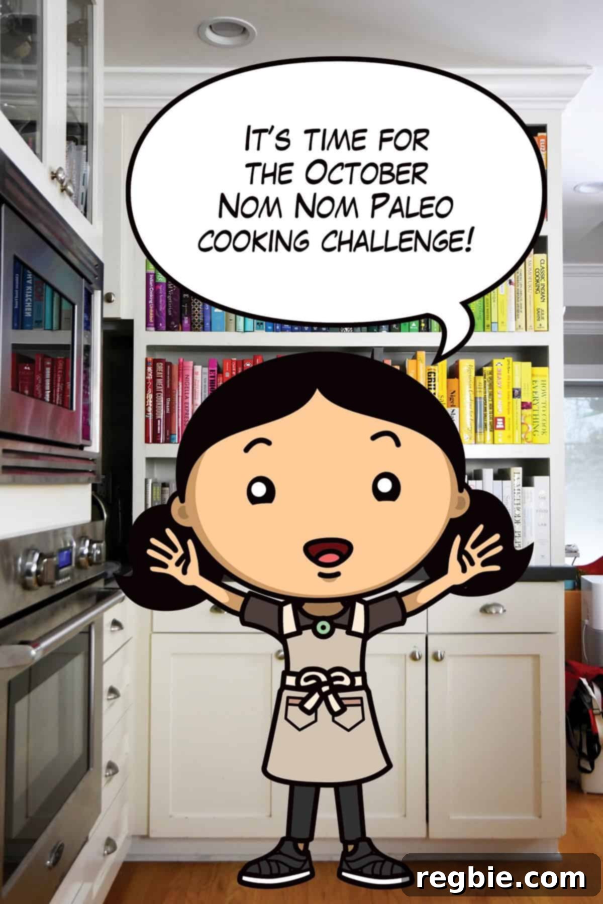 October Culinary Showdown 2024 2 A cartoon Michelle Tam is announcing the October Nom Nom Paleo cooking challenge in front of a book shelf filled with cookbooks, symbolizing culinary inspiration and expertise.