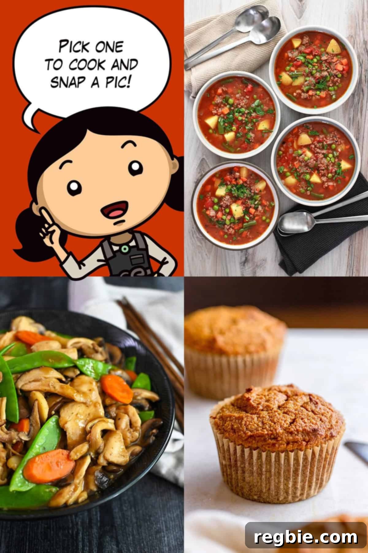 October Culinary Showdown 2024 3 Four photos that show cartoon Michelle Tam announcing the three recipes for the October Nom Nom Paleo challenge: hamburger soup, pumpkin muffins, and moo goo gai pan. The images are vibrant and enticing, encouraging participation.