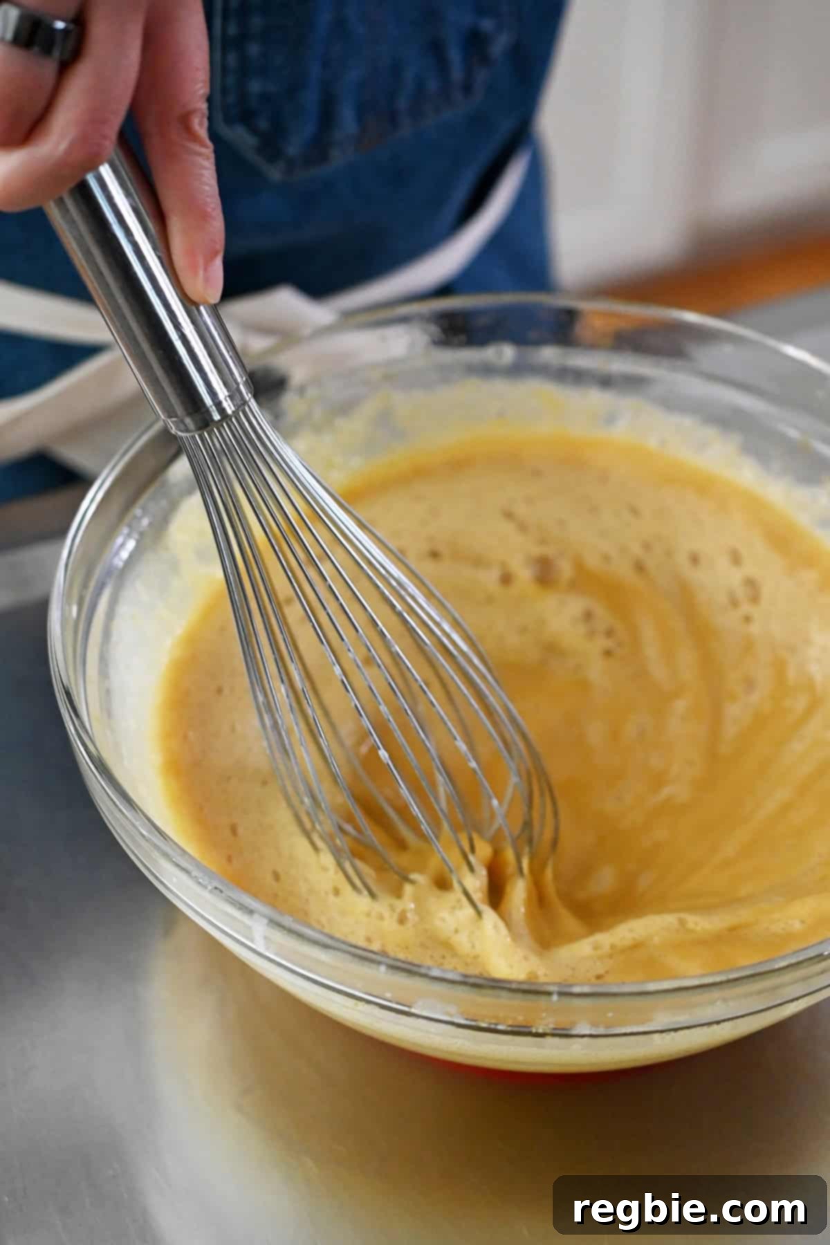Golden Harvest Pumpkin Bars 17 A closeup shot of the whisked eggs, maple syrup, and warmed coconut milk in a large glass mixing bowl.