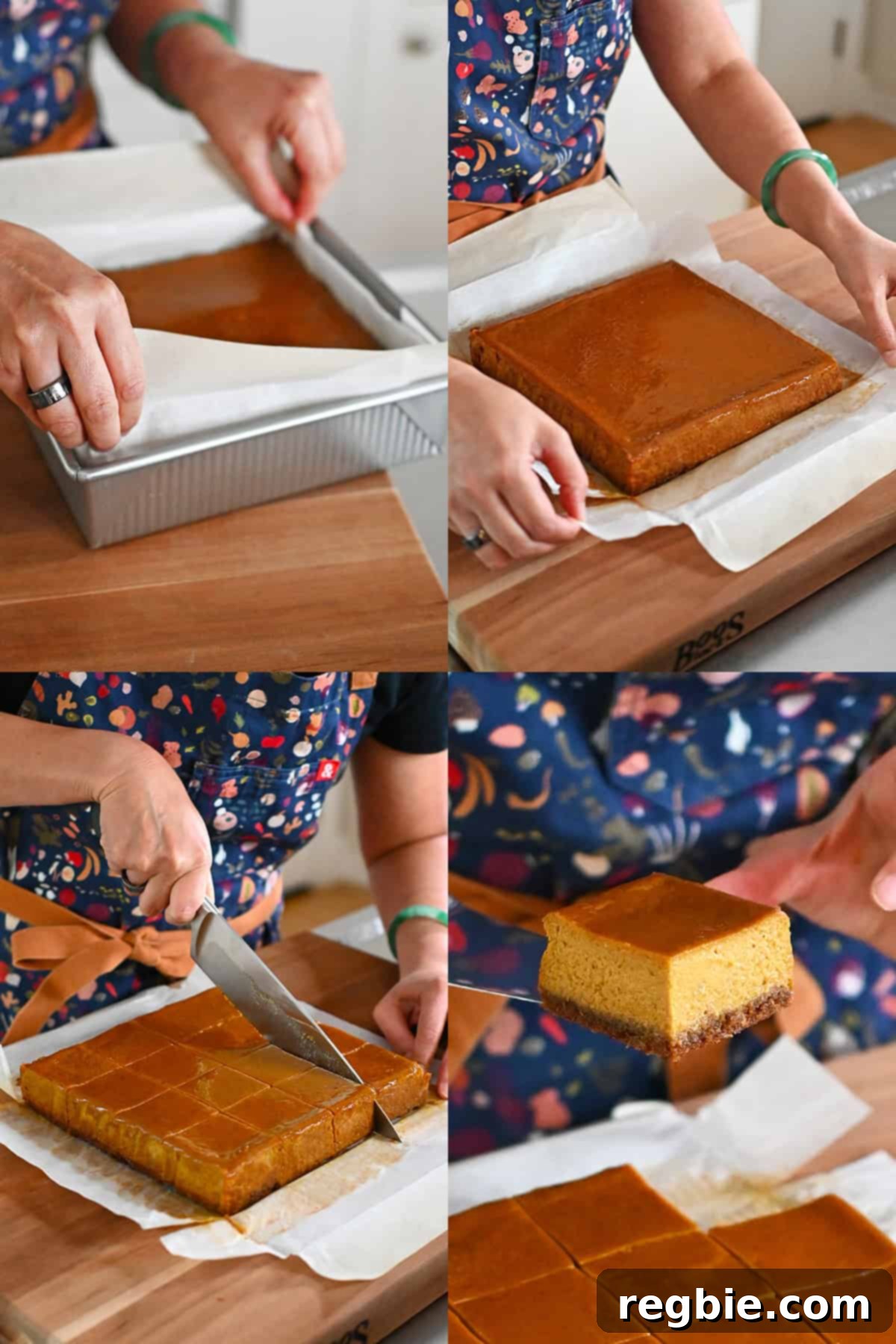 Golden Harvest Pumpkin Bars 23 Four shots that show someone removing the cooled pumpkin pie bars from the pan and then cutting them into sixteen equal squares.