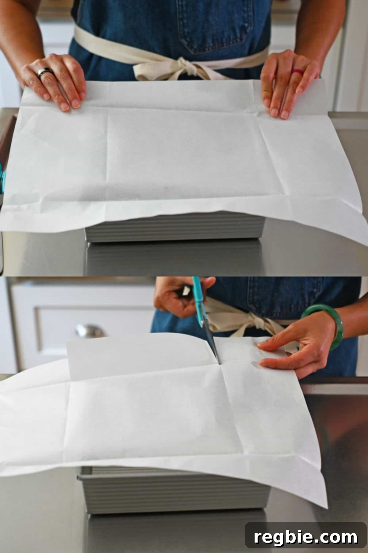 Golden Harvest Pumpkin Bars 5 Folding and cutting a piece of parchment paper to fit into a 8-inch square metal cake pan.