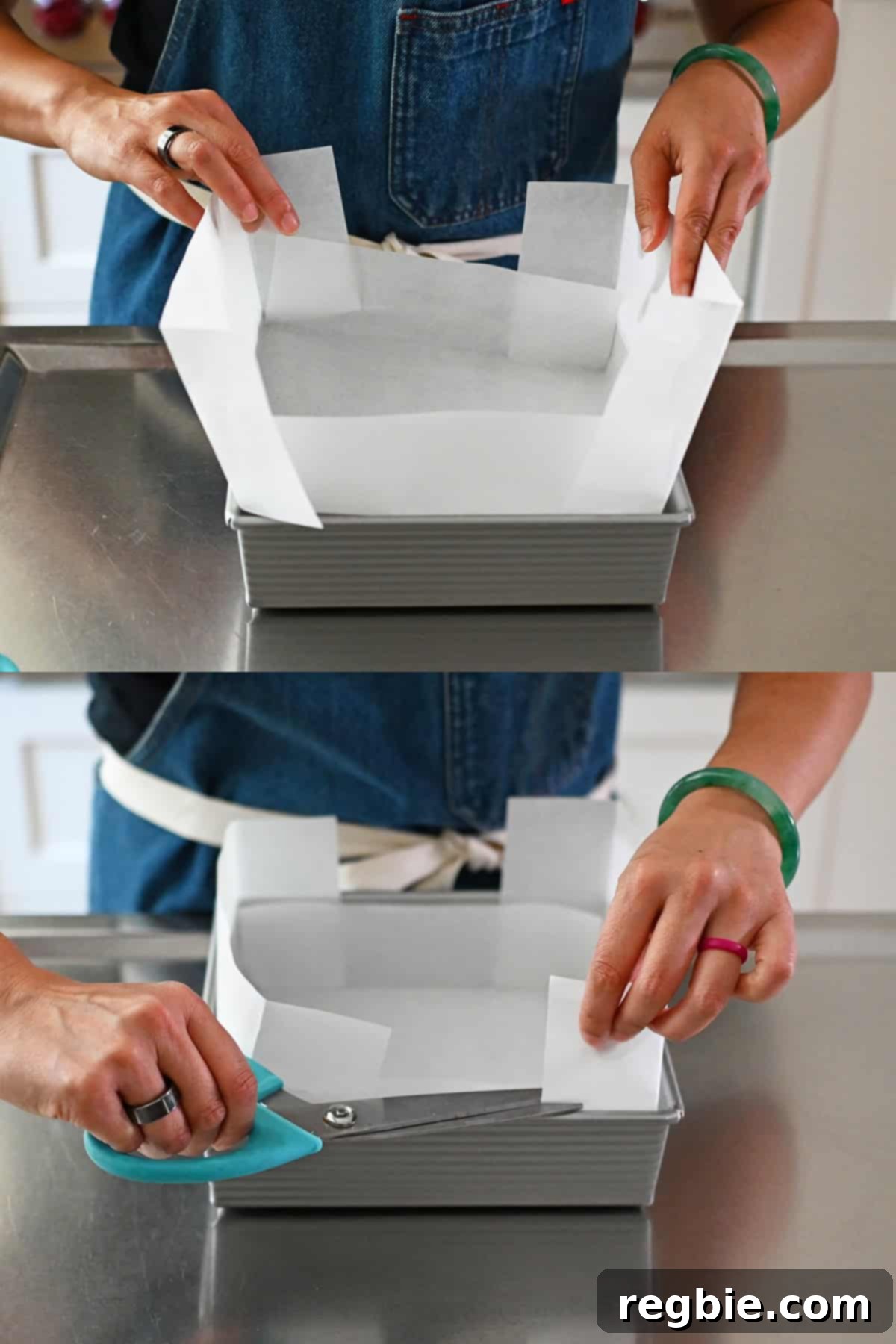Golden Harvest Pumpkin Bars 6 Folding and cutting a piece of parchment paper to fit into a metal square baking pan.