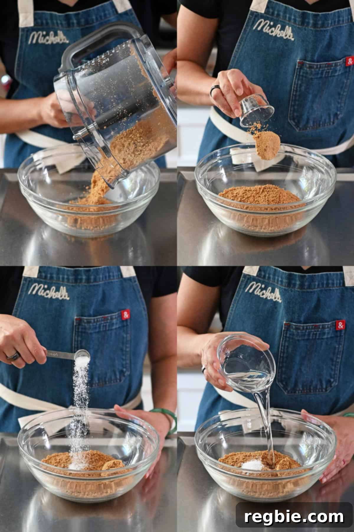 Golden Harvest Pumpkin Bars 10 Adding gluten-free cookie crumbs, coconut sugar, salt, and melted coconut oil into a glass bowl.
