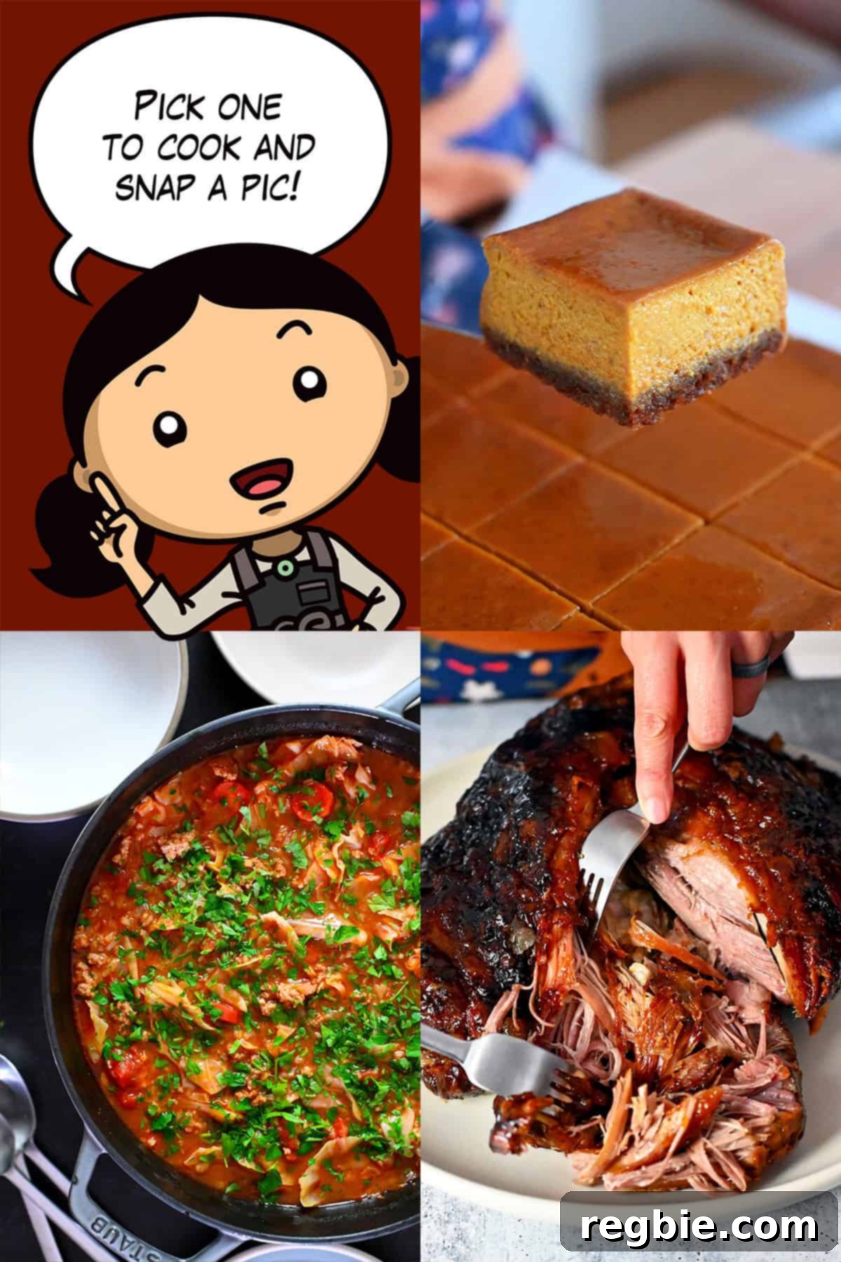 Fall Flavors Cook-Off 2024 3 A cartoon Michelle Tam is surrounded pictures of the three dishes to make in the November Nom Nom Paleo Cooking challenge, pumpkin pie bars, cabbage roll soup, and pork shoulder roast.