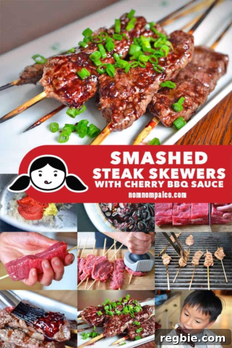 A collage of the cooking steps to make Whole30 Smashed Steak Skewers with Cherry BBQ Sauce