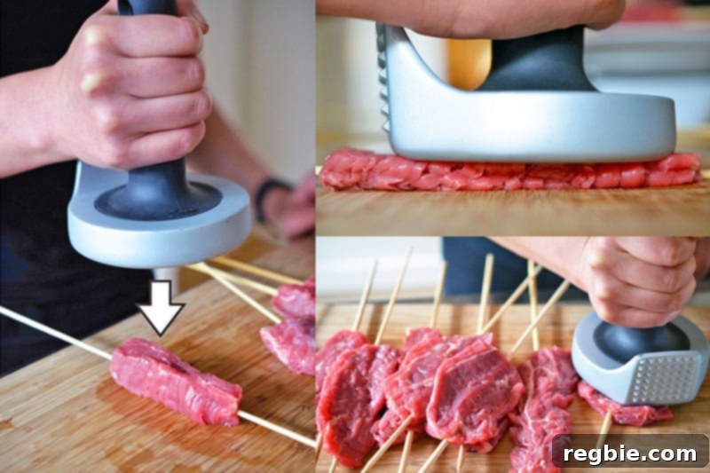 A meat pounder is used to flatten the steak skewers.
