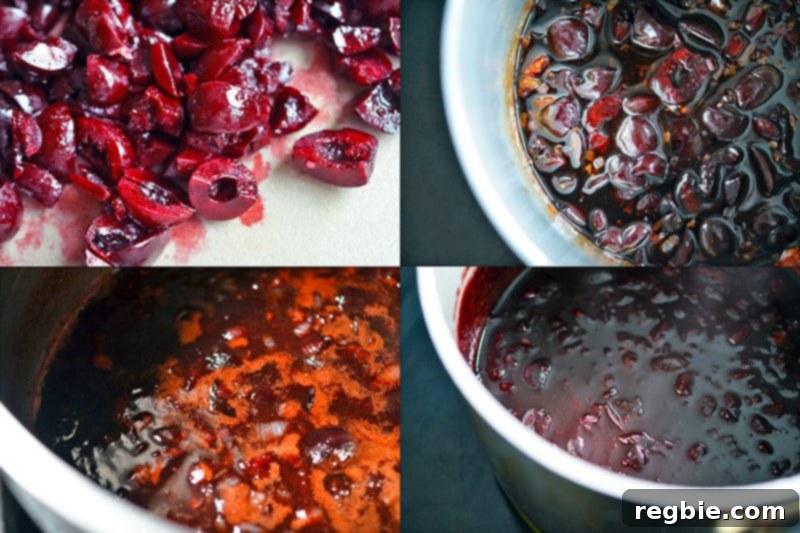 Stirring in the pitted cherries into the Whole30-friendly BBQ sauce.