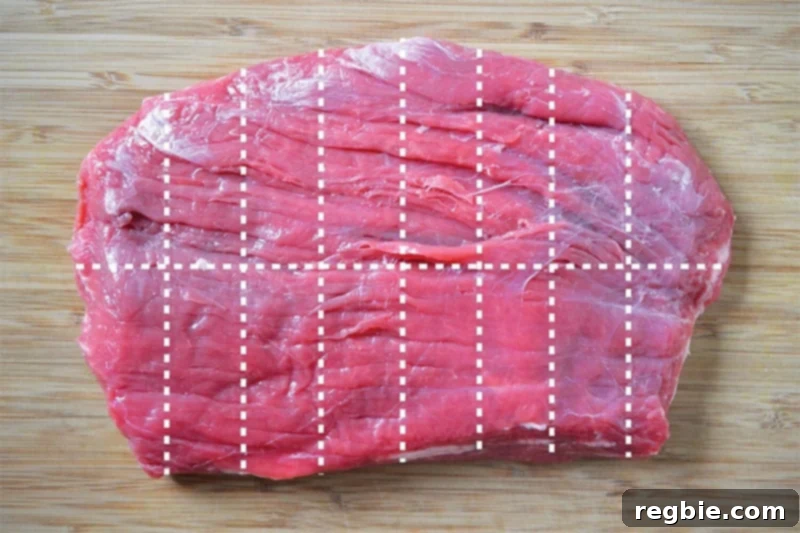 A piece of raw flank steak has dotted white lines superimposed on top to show how to cut out 16 even pieces.