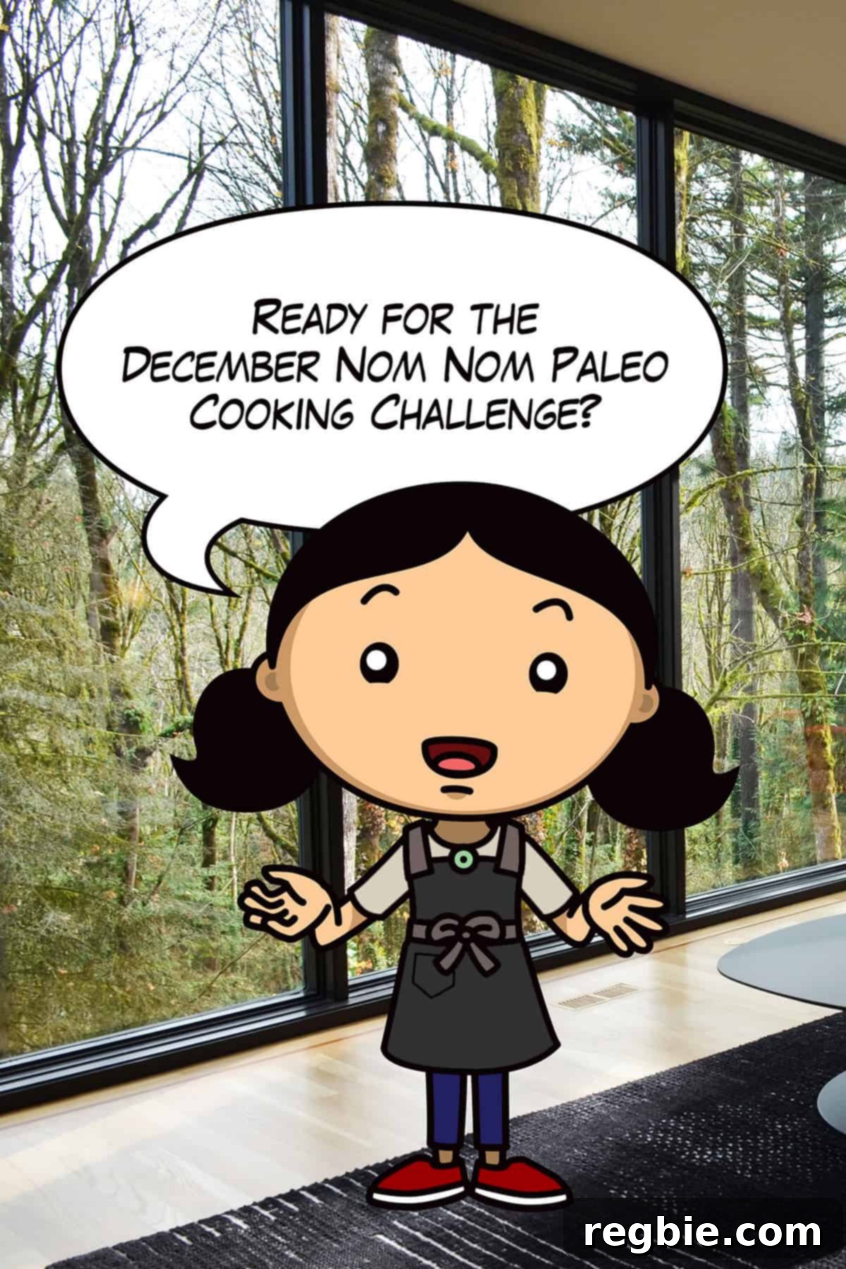 Holiday Kitchen Showdown 2024 2 A cheerful cartoon Michelle Tam, founder of Nom Nom Paleo, enthusiastically announces the December cooking challenge, standing before a scenic winter forest window.