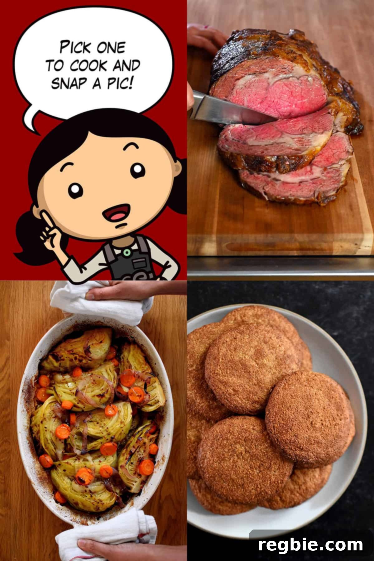 Holiday Kitchen Showdown 2024 3 A cartoon Michelle Tam stands beside vibrant illustrations of Prime Rib, Braised Cabbage, and Snickerdoodles, inviting participants to cook one and share a photo.