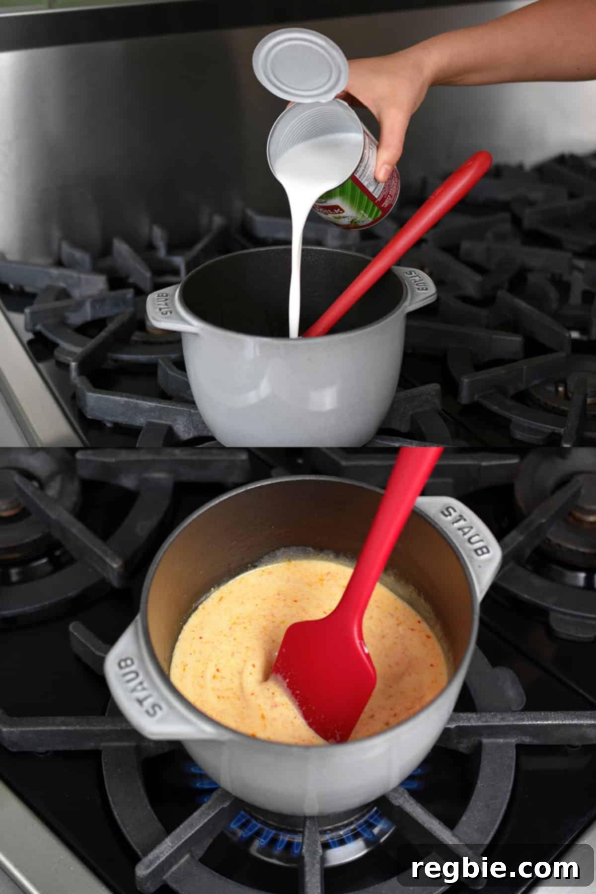 Pouring a can of coconut milk into a gray saucepan filled with homemade Thai red curry sauce for baked lobster tails.