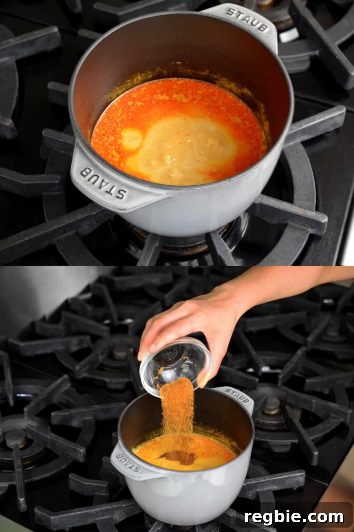 An overhead shot of someone adding some coconut sugar to a gray pot filled with homemade Thai red curry sauce for baked lobster tails.