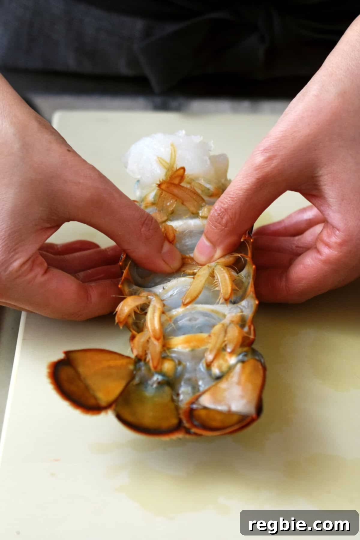 A raw lobster tail if slipped over and two hands are pressing down on the cartilage ribs to break them.