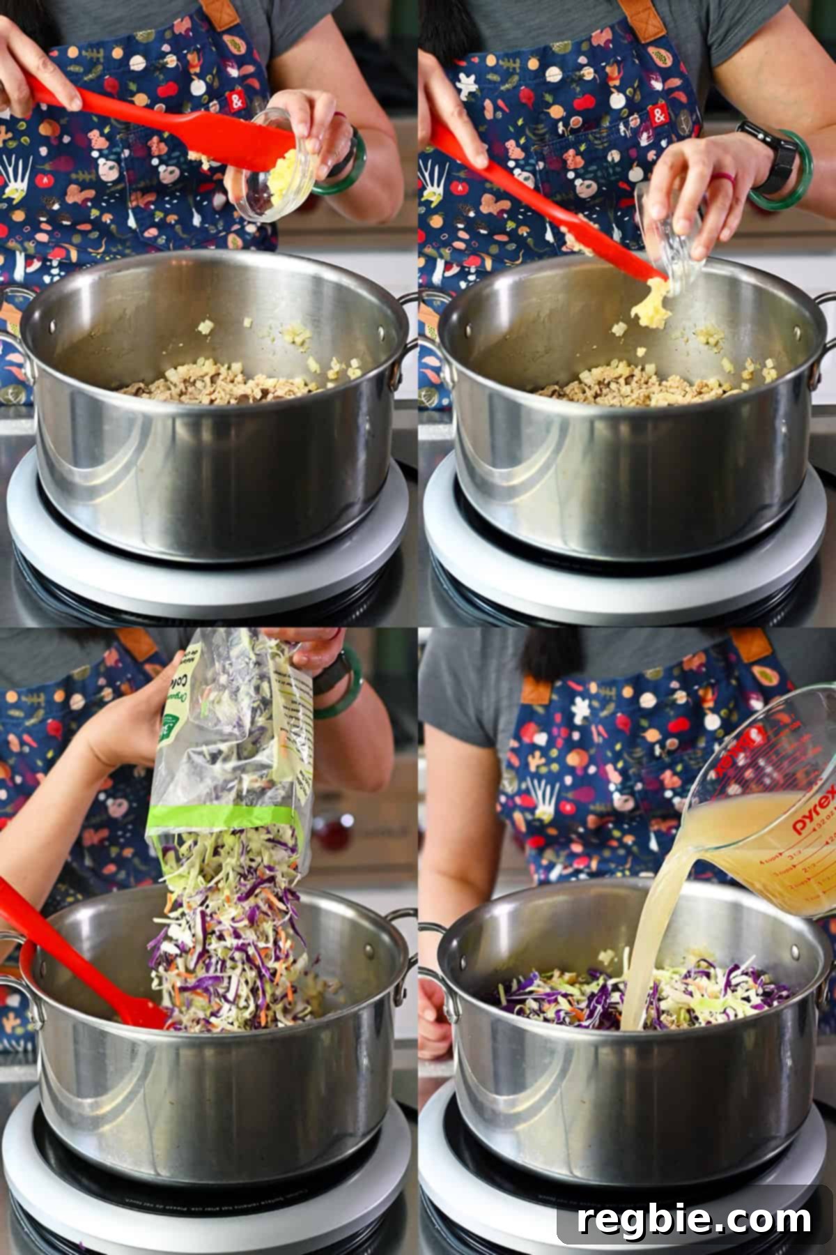 Adding minced ginger, garlic, and coleslaw mix to the pot before pouring in the broth.