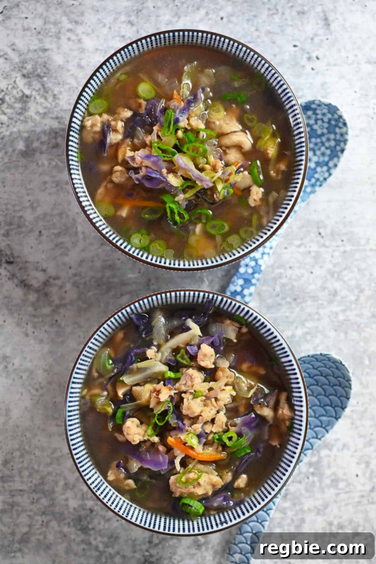 An overhead shot of two blue and white bowls filled with an Asian-inspired cabbage and chicken soup, garnished beautifully.