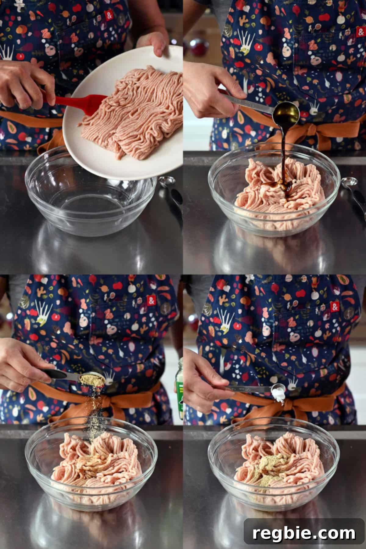 Adding coconut aminos, Umami Stir Fry Powder, and baking soda to a bowl filled with raw ground chicken.