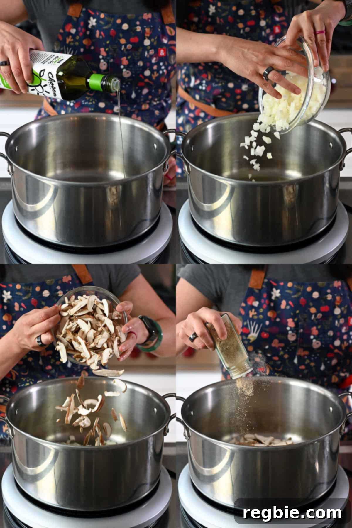 Four sequential photos that show someone adding avocado oil to a large soup pot, followed by thinly sliced raw shiitake mushrooms, and a sprinkle of Umami Stir Fry Powder.