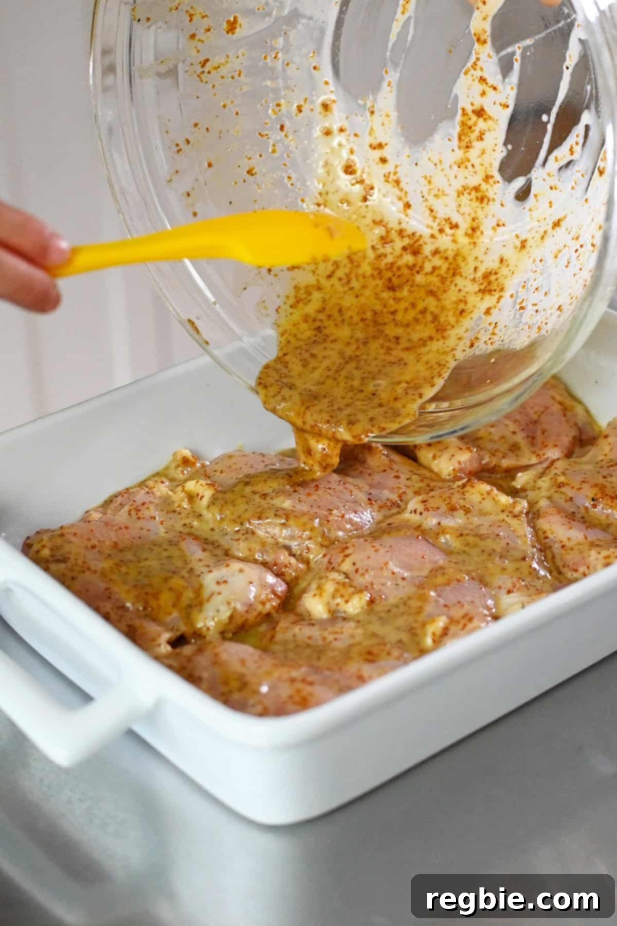 Pouring the remaining honey mustard marinade on top of the chicken thighs in the baking dish before putting it in the oven.