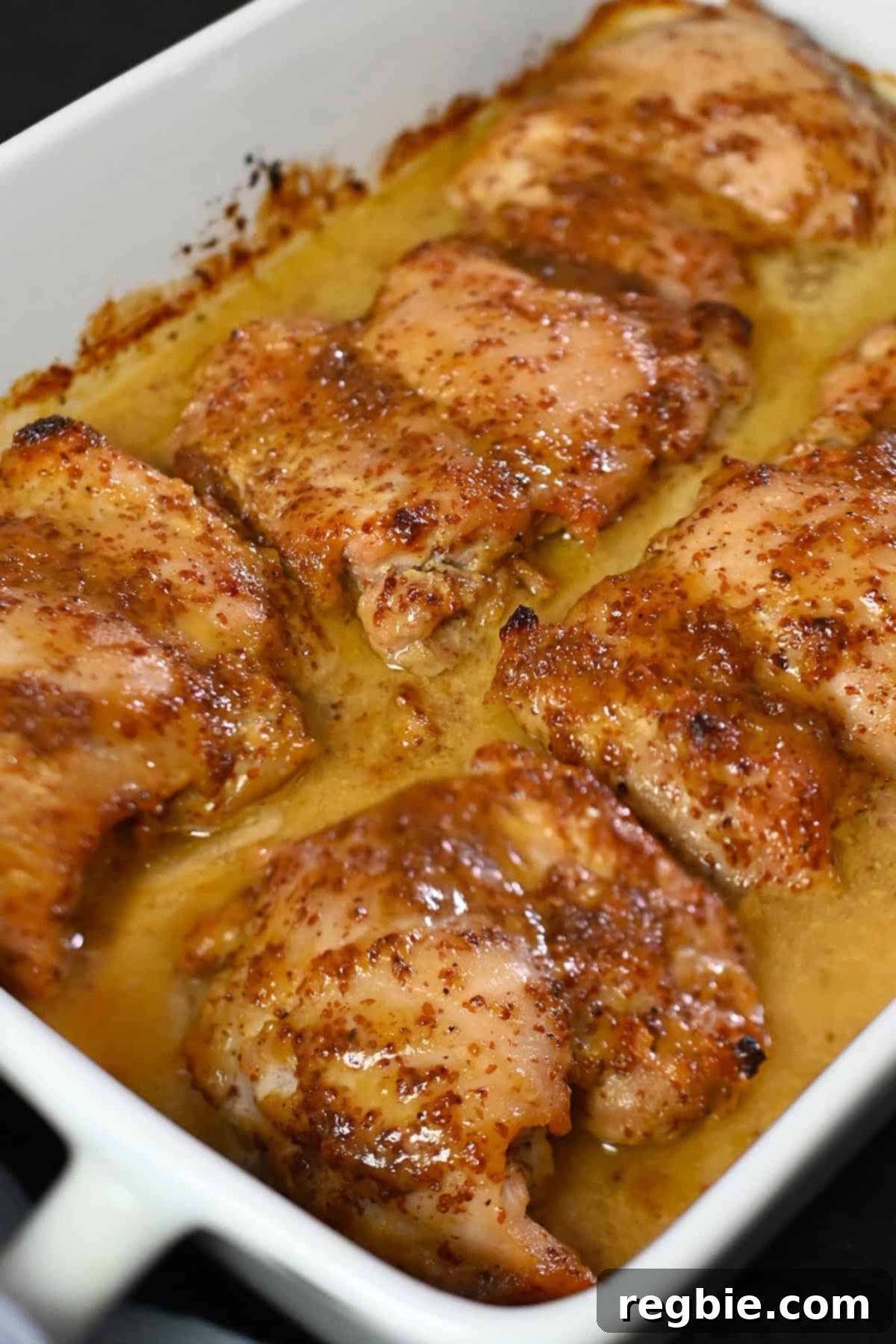 A closeup diagonal view of a rectangular white baking dish filled with baked honey mustard chicken thighs.