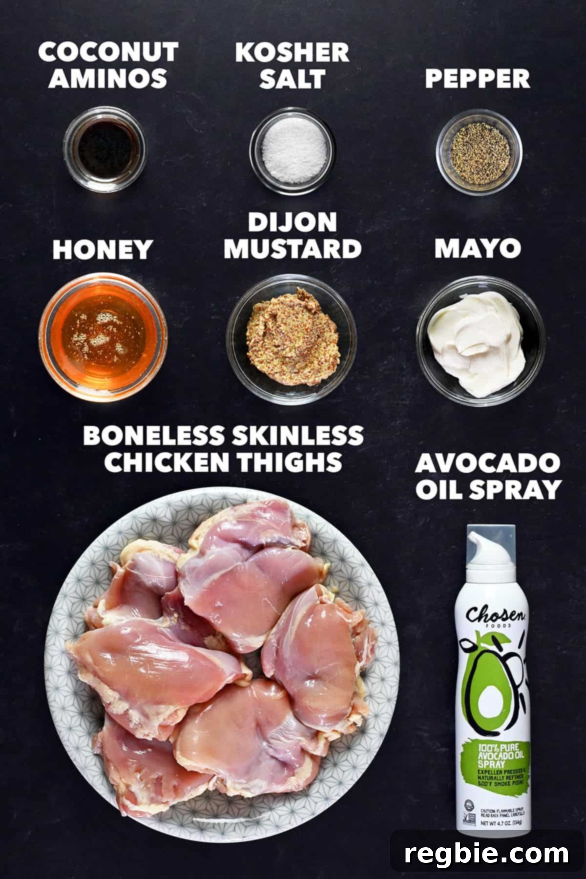 The raw ingredients to make honey mustard chicken thighs.