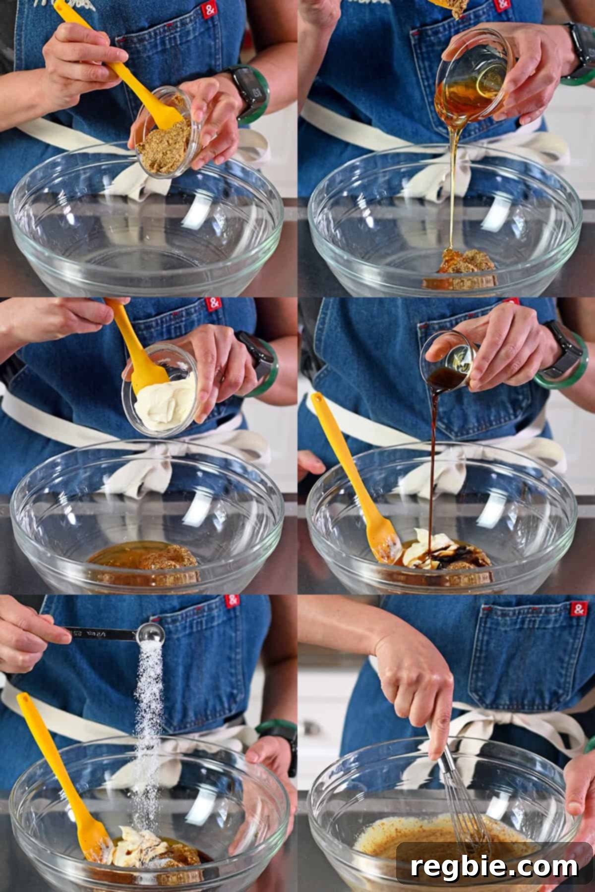 Making a gluten free and paleo honey mustard chicken marinade by combining dijon mustard, honey, mayonnaise, coconut aminos, and salt into a glass mixing bowl.