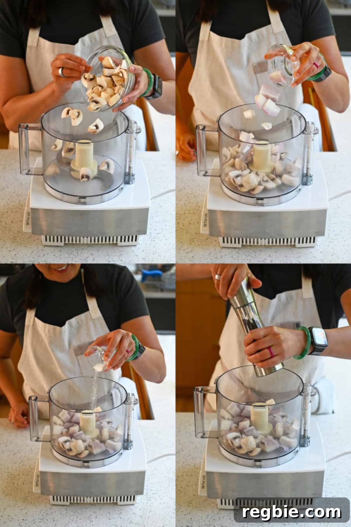 Sequential shots of an Asian woman adding white button mushrooms, shallots, salt, and pepper into an open food processor.