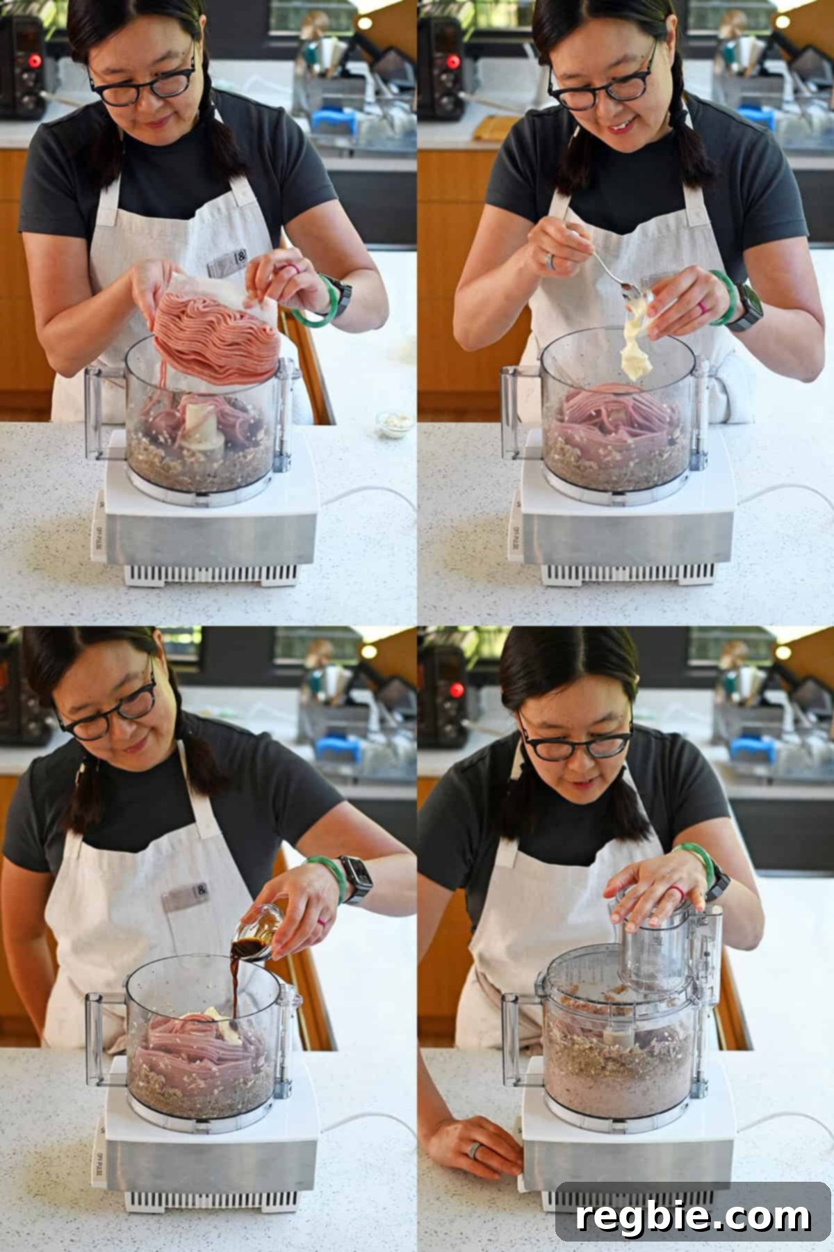 An Asian woman is showed sequentially adding raw ground turkey, mayonnaise, and coconut aminos to a food processor filled with minced mushrooms and shallots.