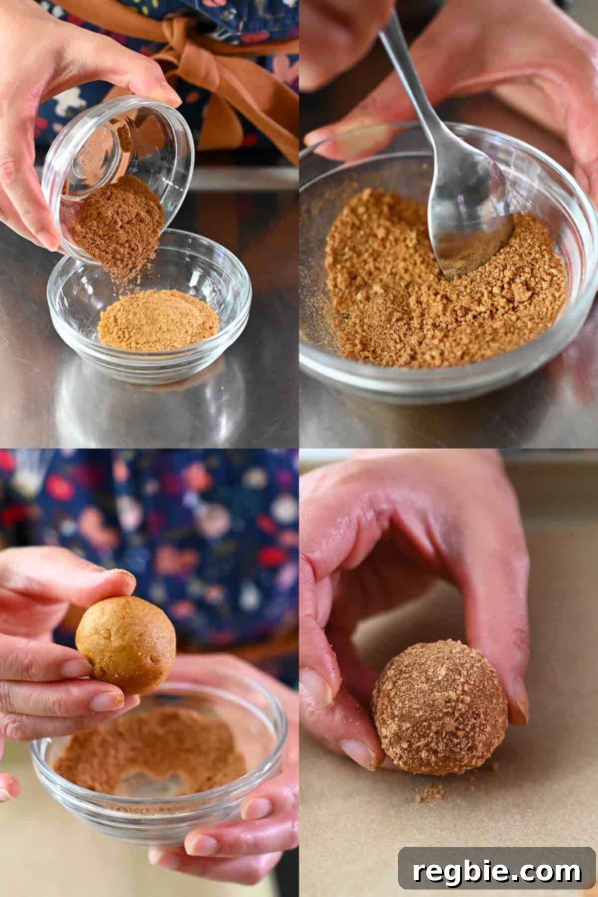 Four sequential shots that show someone combining pumpkin spice blend and coconut sugar in a small bowl and then rolling a raw pumpkin snickerdoodle cookie dough in it.